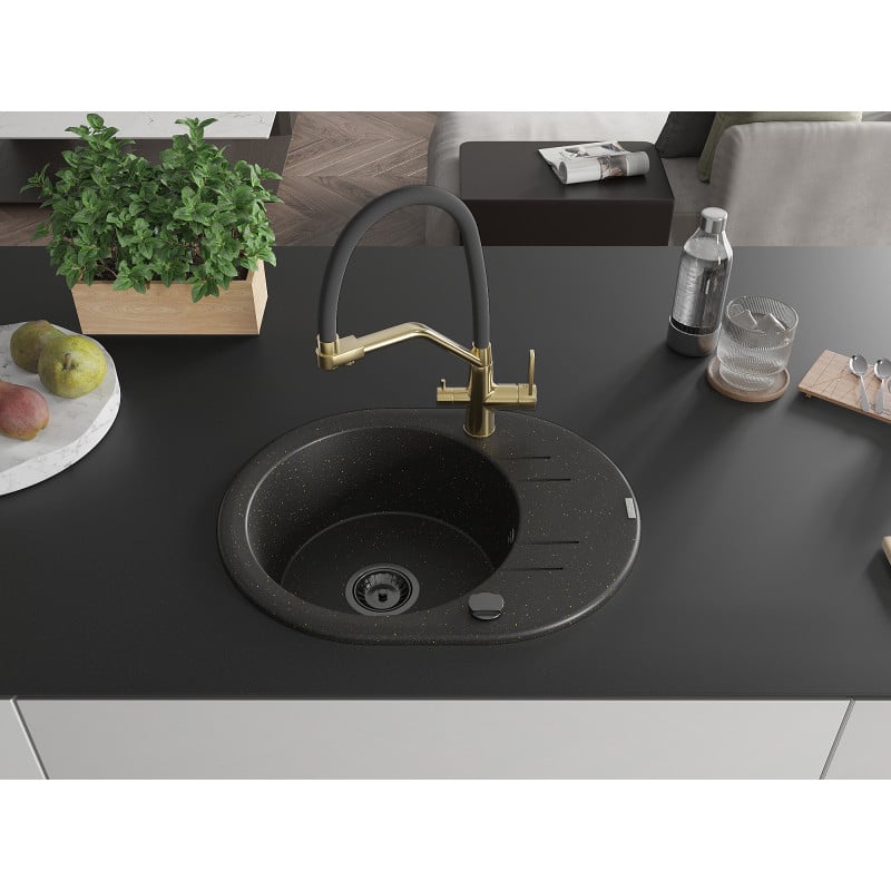 Mexen Kevin Granitspüle 1-kommer mit Küchenarmatur Duo, Schwarz/Gold Metallic - 6517-75-671701-57-B