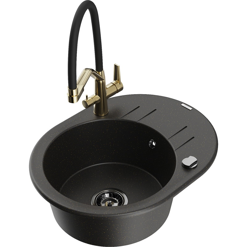 Mexen Kevin Granitspüle 1-becken mit Küchenarmatur Duo, schwarz/gold metallic - 6517-75-671701-57-B