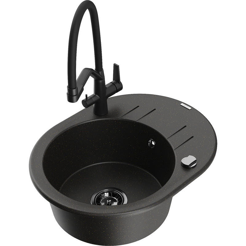Mexen Kevin Granitspüle 1-Becken mit Küchenarmatur Duo, schwarz/gold metallic - 6517-75-671701-70-B