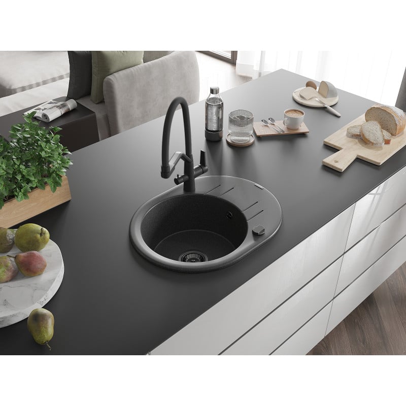 Mexen Kevin 1-Kammer-GranitsSpüle mit Duo-Küchenarmatur, schwarz gesprenkelt - 6517-76-671701-70-B