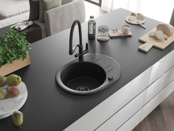 Mexen Kevin 1-Kammer Granitspüle mit Küchenarmatur Duo, schwarz - 6517-77-671701-70-B