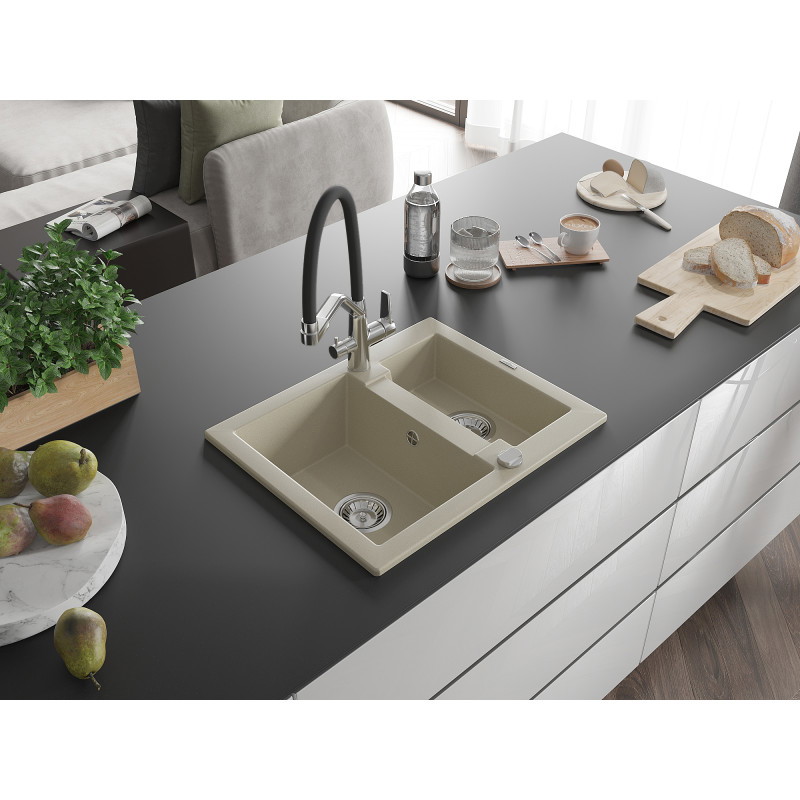 Mexen Carlos Granitspüle 1,5-Becken mit Küchenarmatur Duo, beige - 6518-69-671701-07