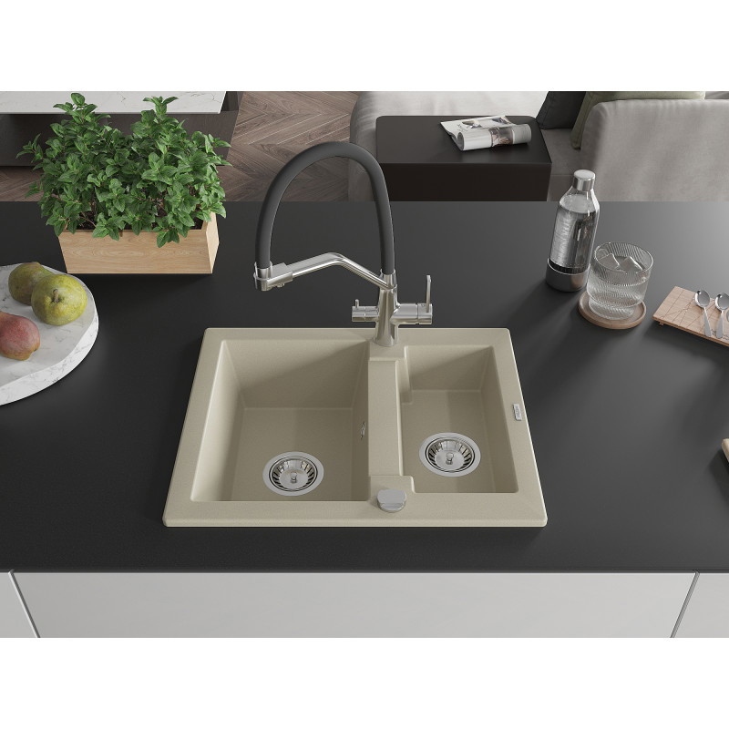 Mexen Carlos Granitspüle 1,5-Becken mit Küchenarmatur Duo, beige - 6518-69-671701-07