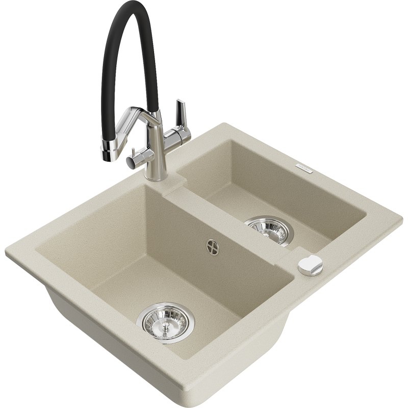 Mexen Carlos Granitspüle 1,5-Becken mit Küchenarmatur Duo, beige - 6518-69-671701-07