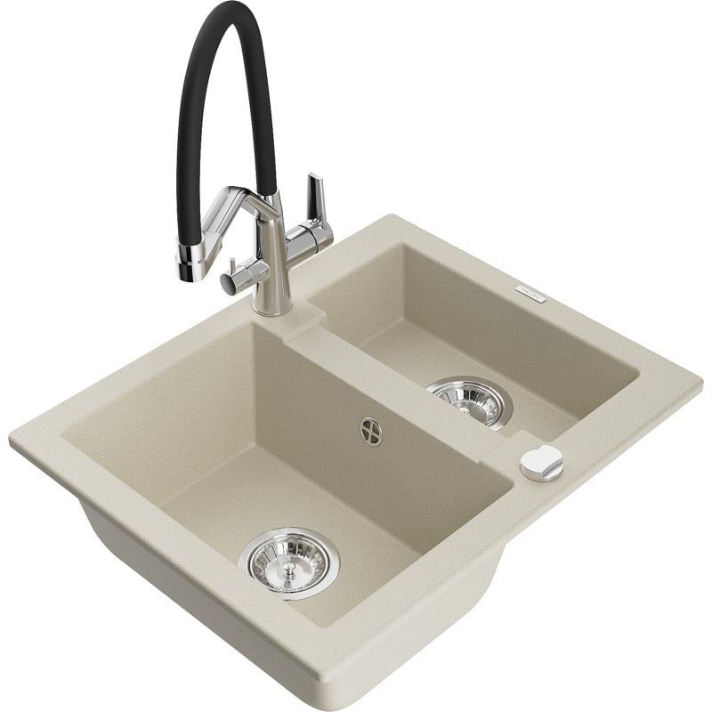 Mexen Carlos Granitspüle 1,5-fach mit Küchenarmatur Duo, beige - 6518-69-671701-07