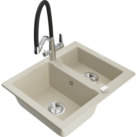 Mexen Carlos Granitspüle 1,5-Becken mit Küchenarmatur Duo, beige - 6518-69-671701-07