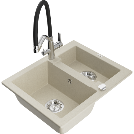 Mexen Carlos Granitspüle 1,5-fach mit Küchenarmatur Duo, beige - 6518-69-671701-07
