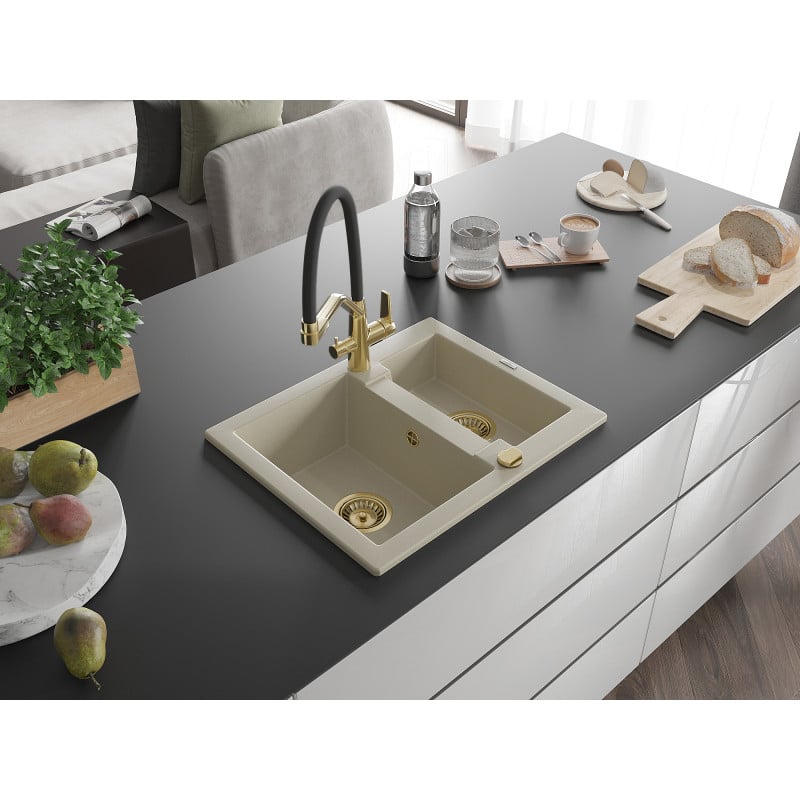 Mexen Carlos Granitspüle 1,5-Becken mit Küchenarmatur Duo, beige - 6518-69-671701-57-G
