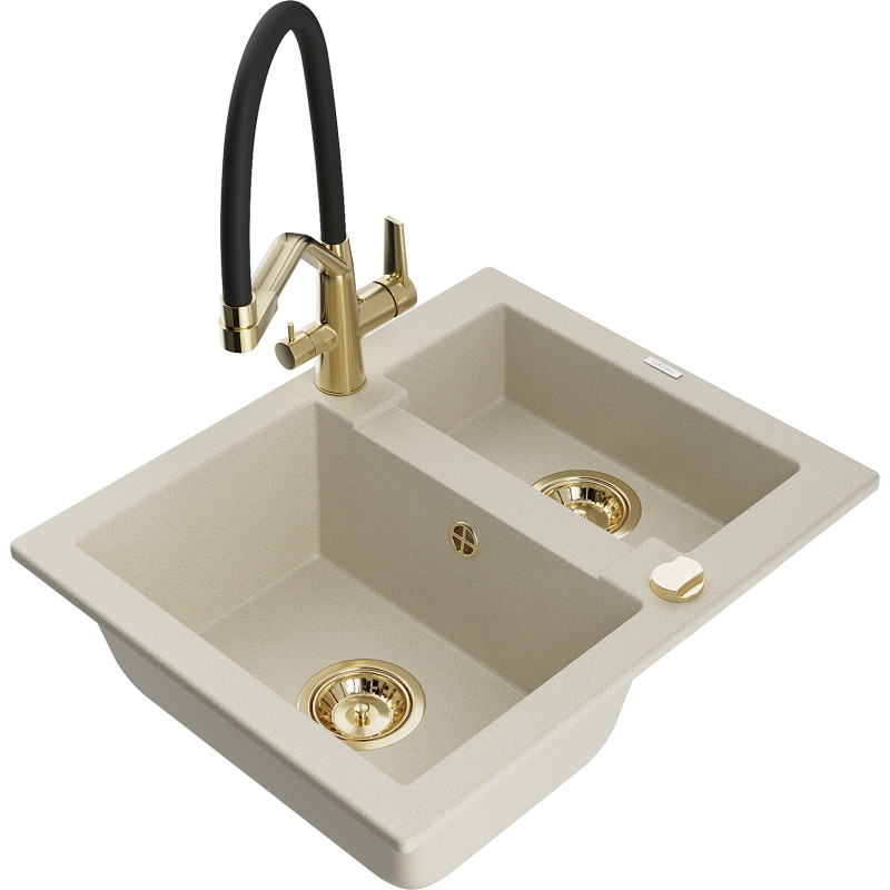 Mexen Carlos 1,5-Kammer-Granitsplülbecken mit Duo-Küchenarmatur, beige - 6518-69-671701-57-G