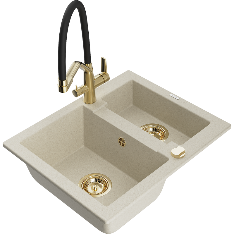 Mexen Carlos Granitspüle 1,5-Becken mit Küchenarmatur Duo, beige - 6518-69-671701-57-G