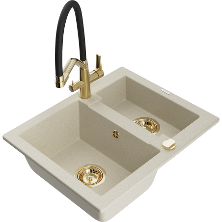 Mexen Carlos Granitspüle 1,5-Becken mit Küchenarmatur Duo, beige - 6518-69-671701-57-G