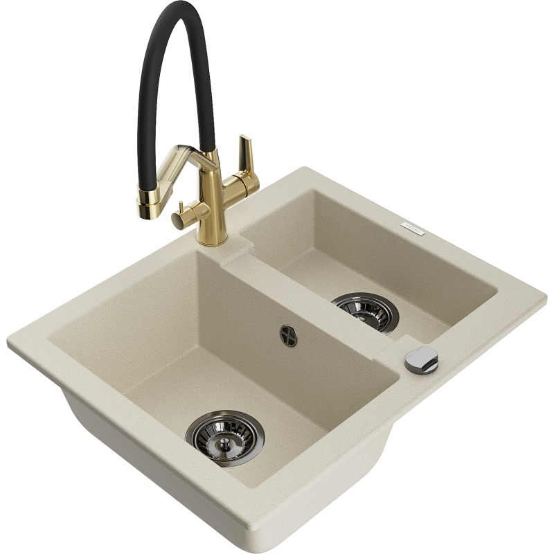 Mexen Carlos Granitspüle 1,5-Becken mit Küchenarmatur Duo, Beige - 6518-69-671701-57-B