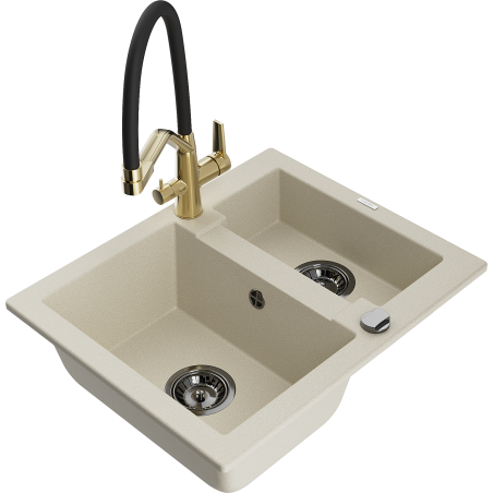 Mexen Carlos Granitspüle 1,5-Becken mit Küchenarmatur Duo, Beige - 6518-69-671701-57-B