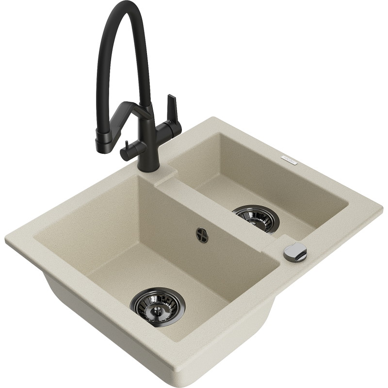 Mexen Carlos Granitspüle 1,5 Kammern mit Küchenarmatur Duo, beige - 6518-69-671701-70-B