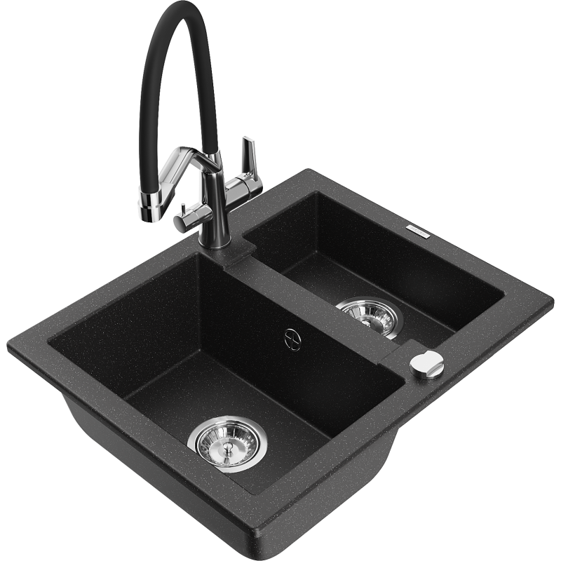 Mexen Carlos Granitspüle 1,5-Becken mit Küchenarmatur Duo, schwarz/silber metallic - 6518-73-671701-07
