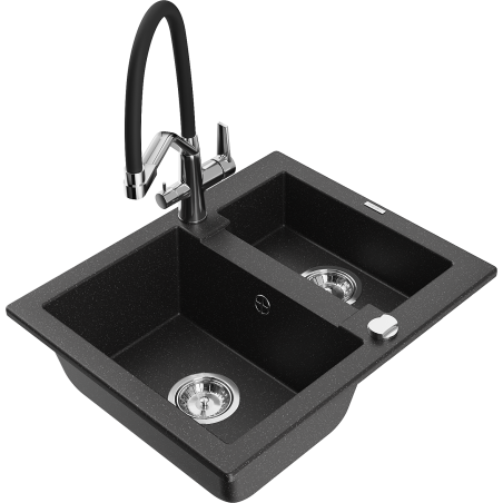 Mexen Carlos Granitspüle 1,5-Becken mit Küchenarmatur Duo, schwarz/silber metallic - 6518-73-671701-07