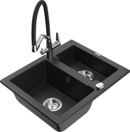 Mexen Carlos Granitspüle 1,5-Becken mit Küchenarmatur Duo, schwarz/silber metallic - 6518-73-671701-07