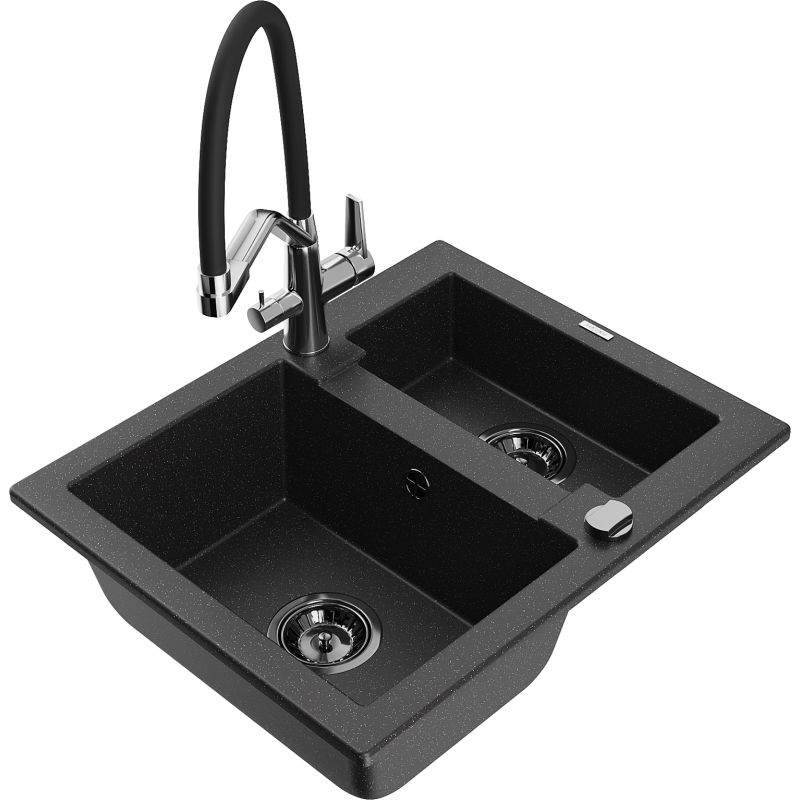 Mexen Carlos Granitspüle 1,5-Becken mit Küchenarmatur Duo, Schwarz/Silber Metallic - 6518-73-671701-07-B