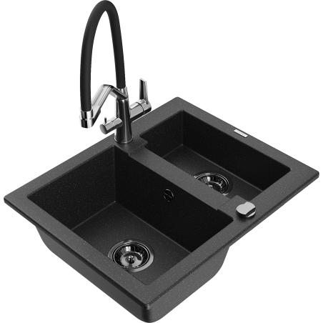 Mexen Carlos Granitspüle 1,5-beckig mit Küchenarmatur Duo, schwarz/silber metallic - 6518-73-671701-07-B