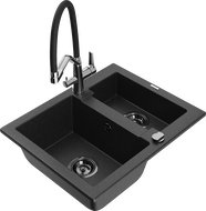 Mexen Carlos Granitspüle 1,5-Becken mit Küchenarmatur Duo, Schwarz/Silber Metallic - 6518-73-671701-07-B