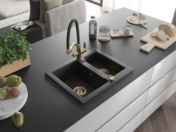 Mexen Carlos Granitspüle 1,5-fach mit Küchenarmatur Duo, schwarz/silber metallic - 6518-73-671701-57-G