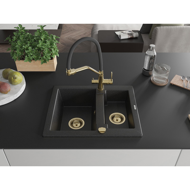 Mexen Carlos Granitspüle 1,5-fach mit Küchenarmatur Duo, schwarz/silber metallic - 6518-73-671701-57-G