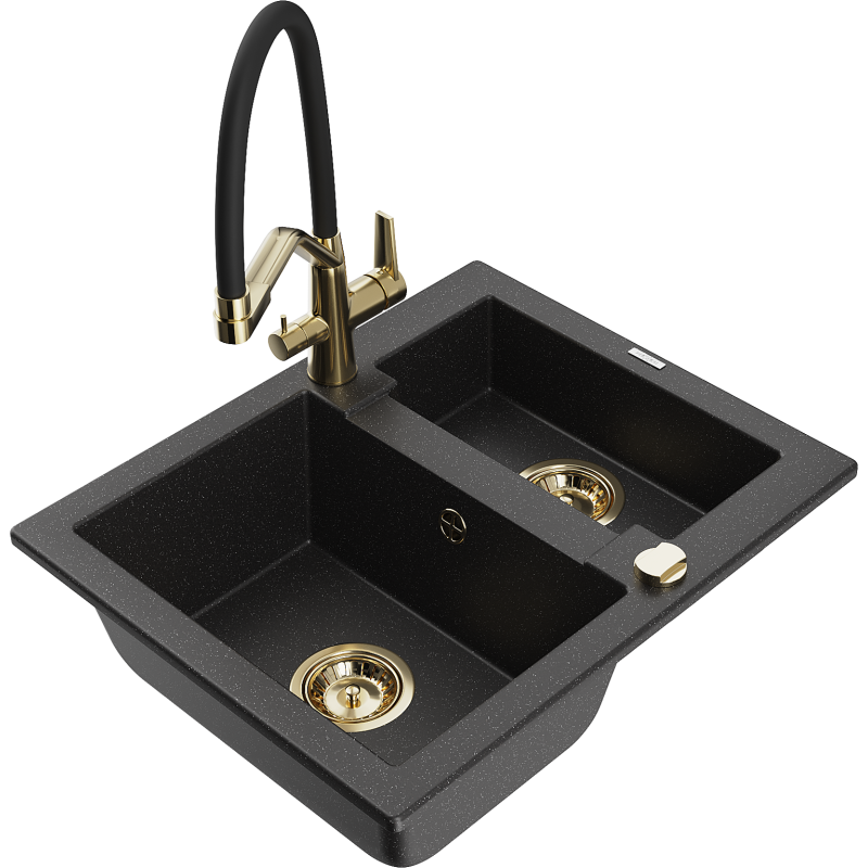 Mexen Carlos Granitspüle 1,5-fach mit Küchenarmatur Duo, schwarz/silber metallic - 6518-73-671701-57-G