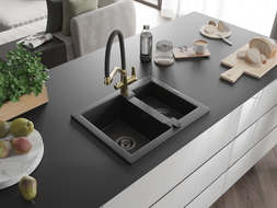 Mexen Carlos Granitspüle 1,5-fach mit Duo-Küchenarmatur, schwarz/silber metallic - 6518-73-671701-57-B