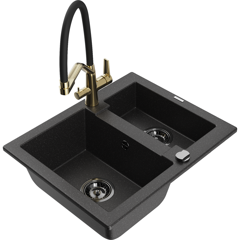 Mexen Carlos Granitspüle 1,5-fach mit Duo-Küchenarmatur, schwarz/silber metallic - 6518-73-671701-57-B