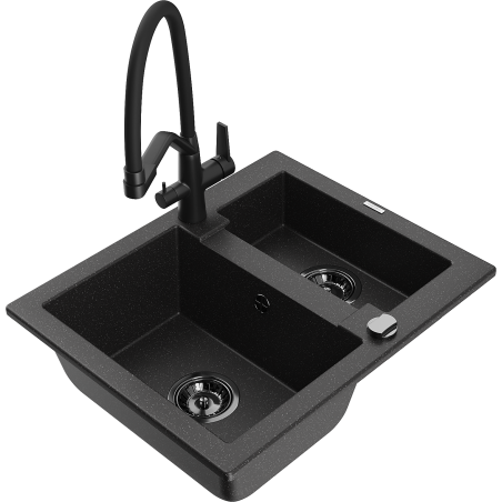 Mexen Carlos Granitspülbecken 1,5-Becken mit Küchenarmatur Duo, schwarz/silber metallic - 6518-73-671701-70-B