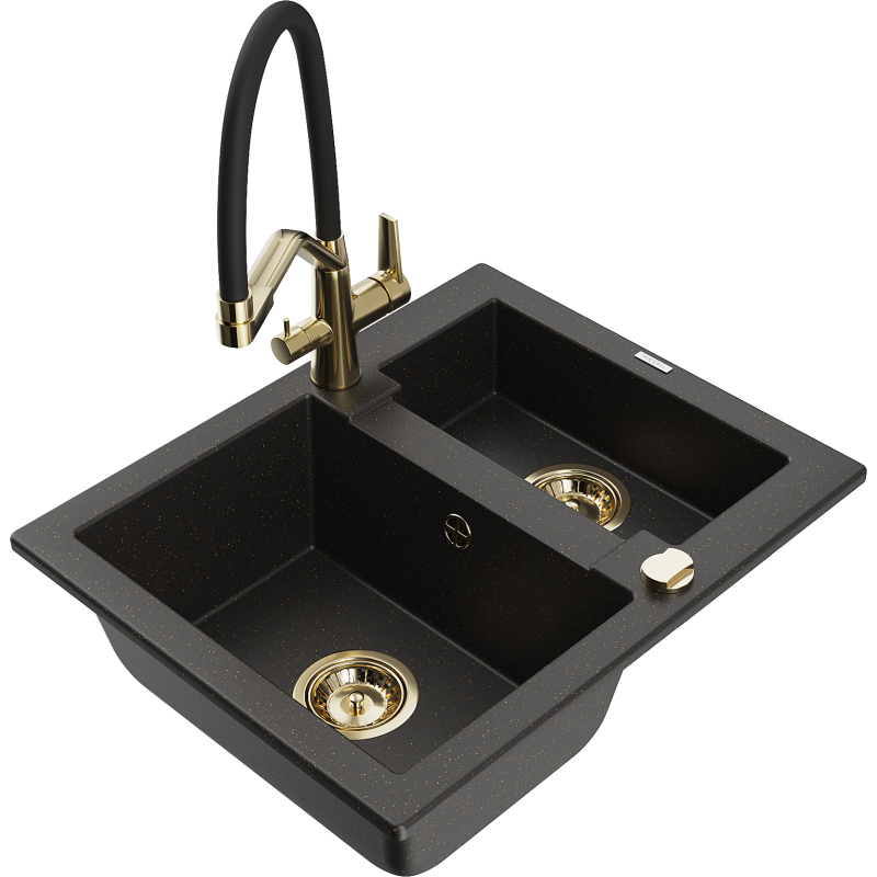 Mexen Carlos Granitspüle 1,5-Becken mit Küchenarmatur Duo, Schwarz/Gold Metallic - 6518-75-671701-57-G