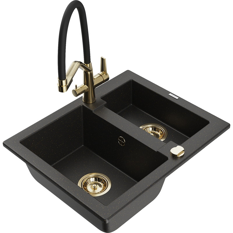 Mexen Carlos Granitspüle 1,5-fach mit Küchenarmatur Duo, schwarz/goldmetallisch - 6518-75-671701-57-G
