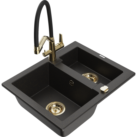 Mexen Carlos Granitspüle 1,5-Becken mit Küchenarmatur Duo, Schwarz/Gold Metallic - 6518-75-671701-57-G
