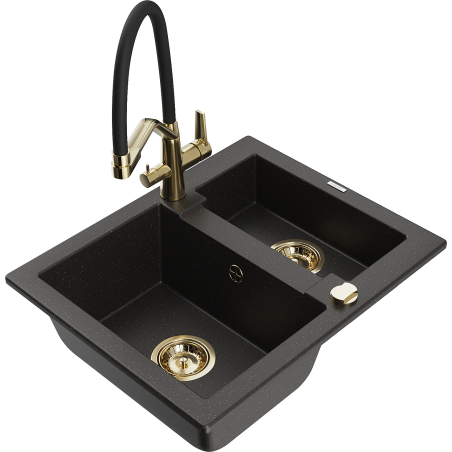 Mexen Carlos Granitspüle 1,5-Kammern mit Küchenarmatur Duo, Schwarz/Gold Metallic - 6518-75-671701-57-G
