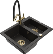 Mexen Carlos Granitspüle 1,5-Becken mit Küchenarmatur Duo, Schwarz/Gold Metallic - 6518-75-671701-57-G