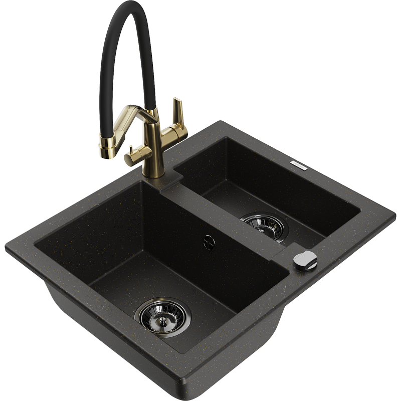 Mexen Carlos Granitspüle 1,5-beckig mit Küchenarmatur Duo, Schwarz/Gold Metallic - 6518-75-671701-57-B