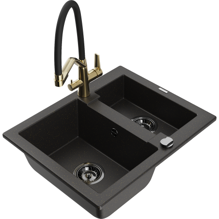 Mexen Carlos Granitspüle 1,5-beckig mit Küchenarmatur Duo, Schwarz/Gold Metallic - 6518-75-671701-57-B
