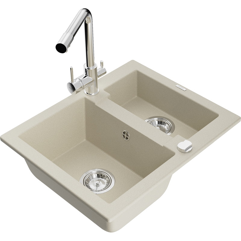Mexen Carlos Granitspüle 1,5-Kammern mit Küchenarmatur Duero, beige - 6518-69-671600-00