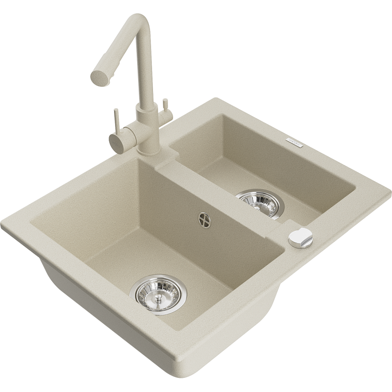 Mexen Carlos Granitspüle 1,5-fach mit Küchenarmatur Duero, beige - 6518-69-671600-69
