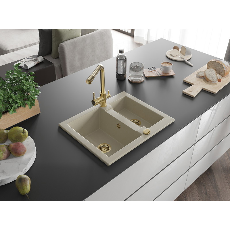 Mexen Carlos Granitspüle 1,5-fach mit Küchenarmatur Duero, beige - 6518-69-671600-50