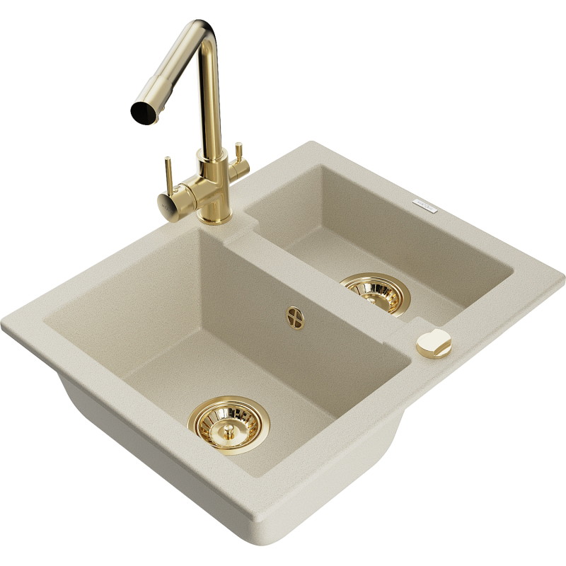 Mexen Carlos granitspüle 1,5-beckig mit Küchenarmatur Duero, beige - 6518-69-671600-50