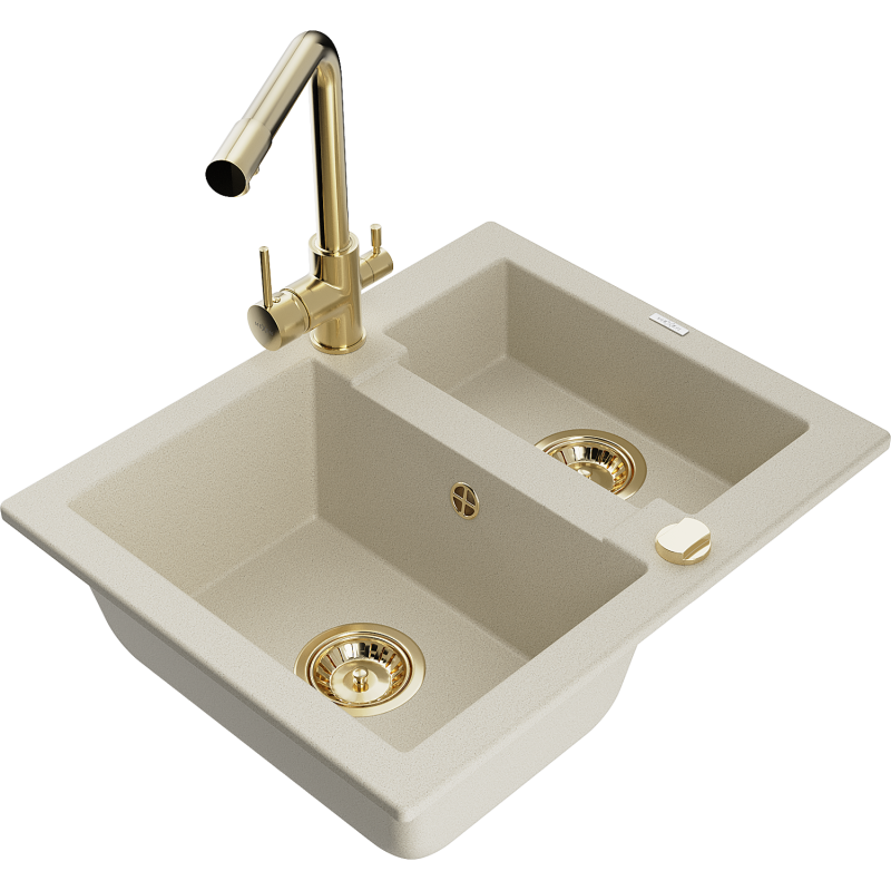 Mexen Carlos Granitspüle 1,5-fach mit Küchenarmatur Duero, beige - 6518-69-671600-50