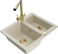 Mexen Carlos Granitspüle 1,5-fach mit Küchenarmatur Duero, beige - 6518-69-671600-50