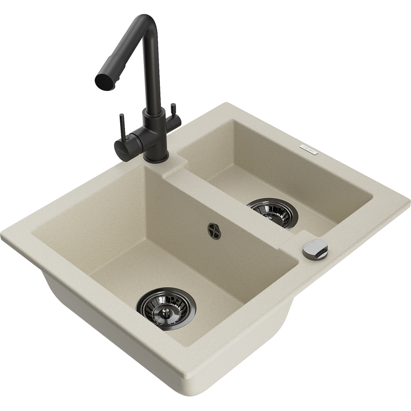 Mexen Carlos Granitspüle 1,5-fach mit Küchenarmatur Duero, beige - 6518-69-671600-70