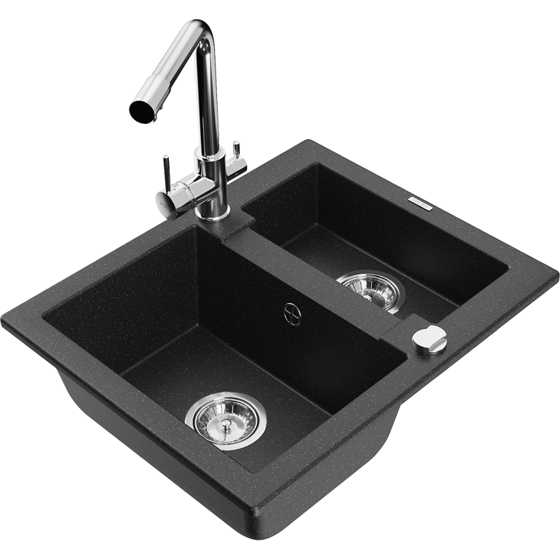 Mexen Carlos Granitspüle 1,5-Becken mit Küchenarmatur Duero, schwarz/silber metallic - 6518-73-671600-00