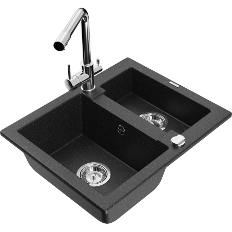 Mexen Carlos Granitspüle 1,5-Becken mit Küchenarmatur Duero, schwarz/silber metallic - 6518-73-671600-00