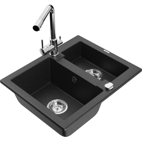 Mexen Carlos Granitspüle 1,5-Kammer mit Küchenarmatur Duero, schwarz/silber metallic - 6518-73-671600-00