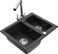 Mexen Carlos Granitspüle 1,5-Becken mit Küchenarmatur Duero, schwarz/silber metallic - 6518-73-671600-00