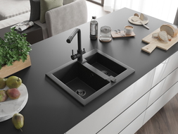 Mexen Carlos Granitspüle 1,5-fach mit Küchenarmatur Duero, schwarz/silbermetallic - 6518-73-671600-70-B