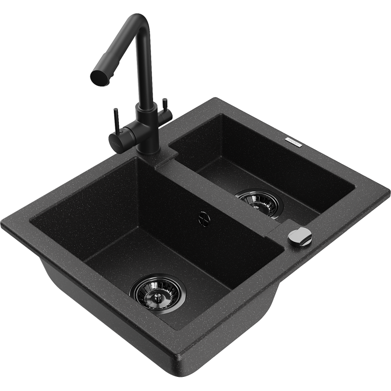 Mexen Carlos Granitspüle 1,5-beckig mit Küchenarmatur Duero, schwarz/silber metallic - 6518-73-671600-70-B